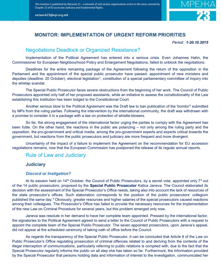 Second monitoring report on the implementation of Urgent Reform Priorities