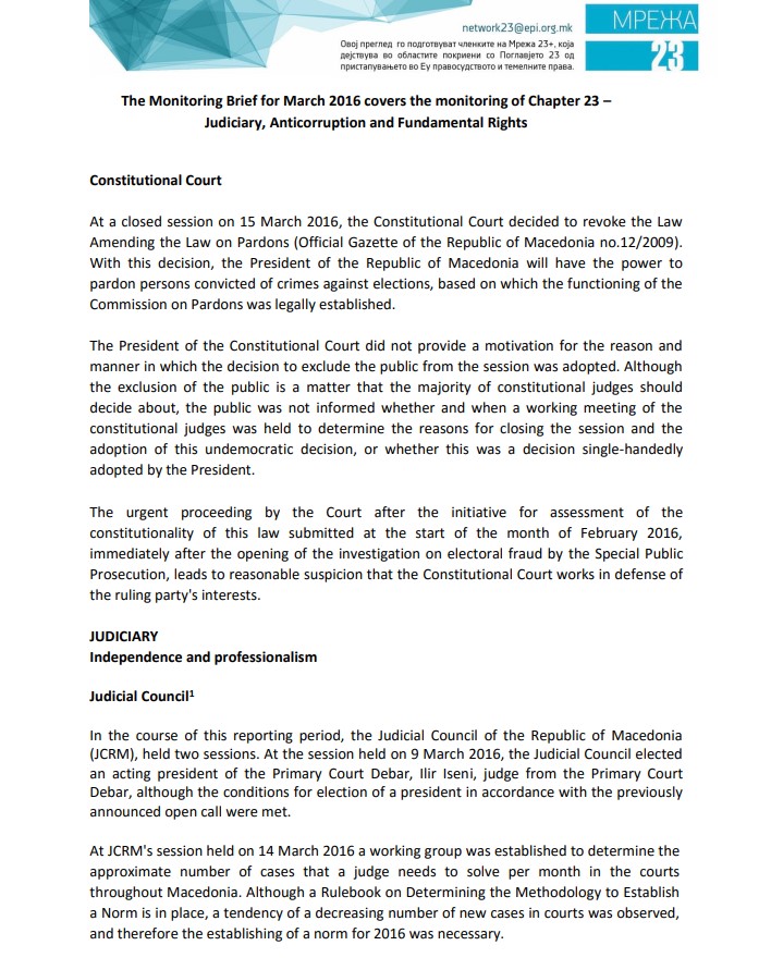 March Monitoring brief on Chapter 23 – Judiciary and Fundamental rights and Urgent Reform Priorities