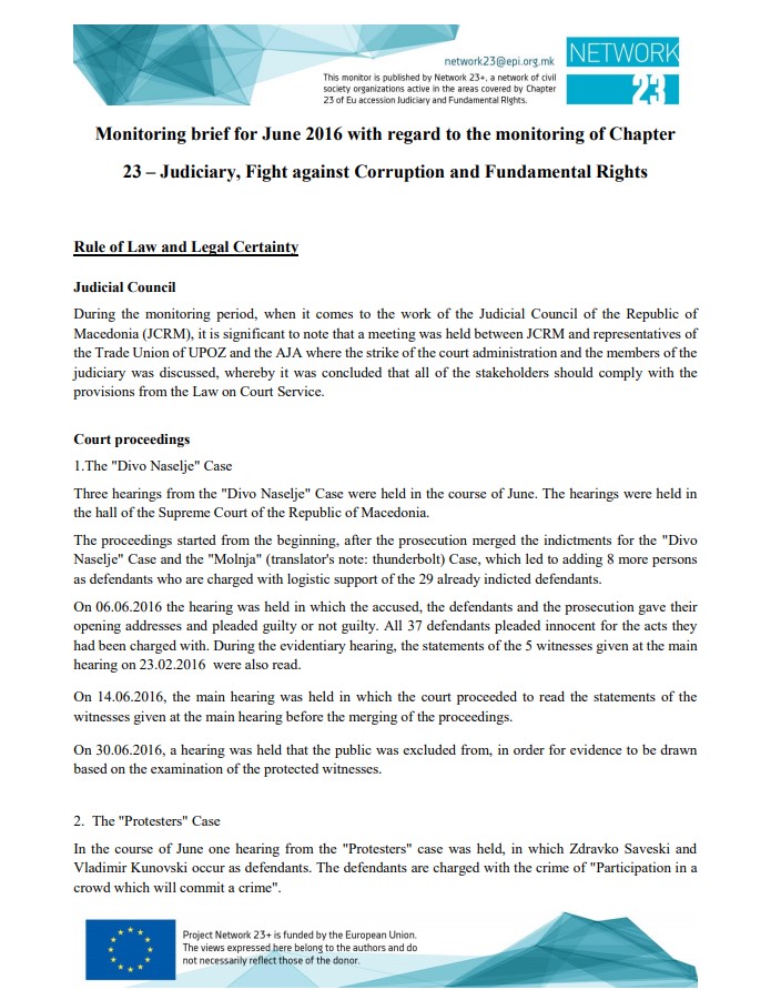 Monitoring brief on Chapter 23 – Judiciary and Fundamental rights for June 2016