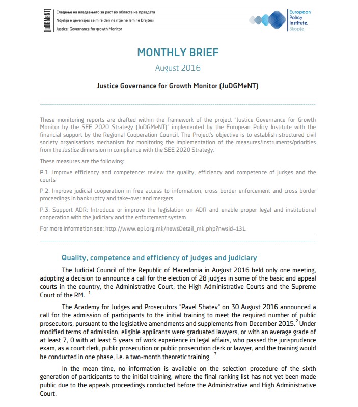 Monthly brief for August 2016, of monitoring of the implementation of the dimension Justice, under the SEE 2020 Strategy