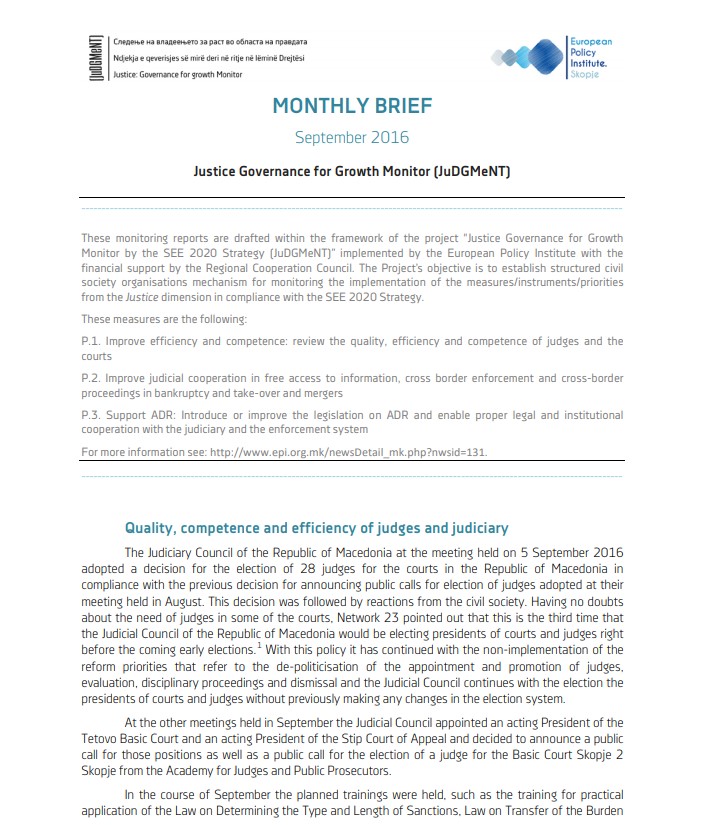 Monthly brief for September 2016, of monitoring of the implementation of the dimension Justice, under the SEE 2020 Strategy